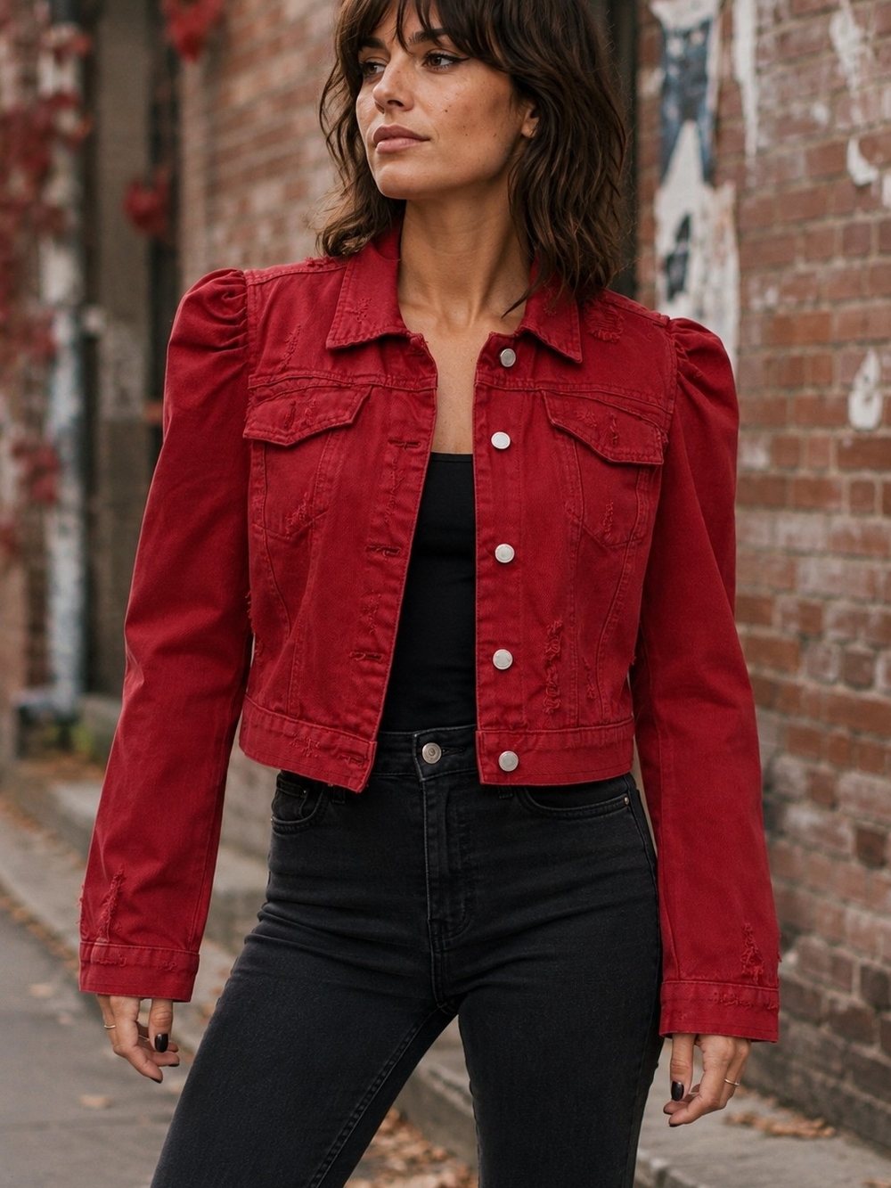 BLANKNYC Denim Jacket M Red Cropped Distressed Puff Sleeve Edgy Grunge Rocker